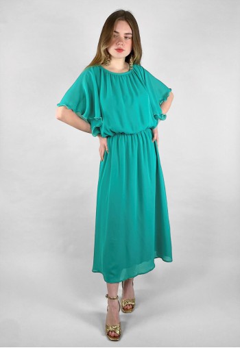 70's Vintage Green Caped Fluted Sleeve Midi Dress