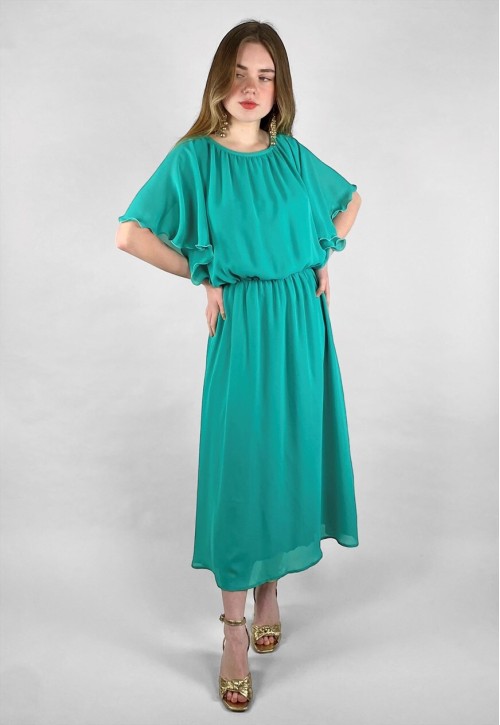 70's Vintage Green Caped Fluted Sleeve Midi Dress