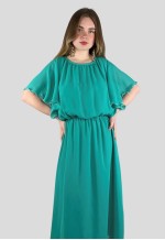 70's Vintage Green Caped Fluted Sleeve Midi Dress