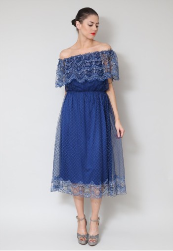 70's Ladies Vintage Blue Lace Sheer Off Shoulder Midi Dress