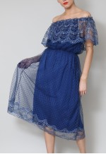 70's Ladies Vintage Blue Lace Sheer Off Shoulder Midi Dress