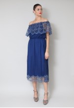 70's Ladies Vintage Blue Lace Sheer Off Shoulder Midi Dress
