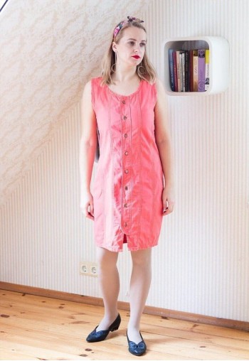 Bright salmon pink sleeveles denim dress