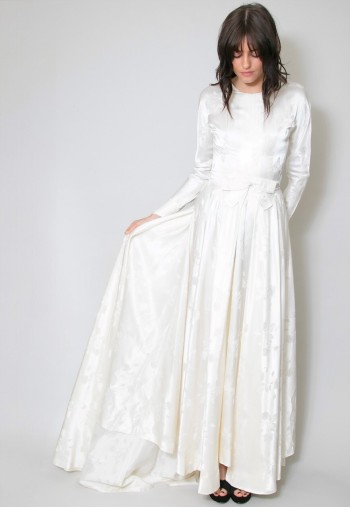1920's Vintage White Satin Floral Wedding Maxi Dress Train