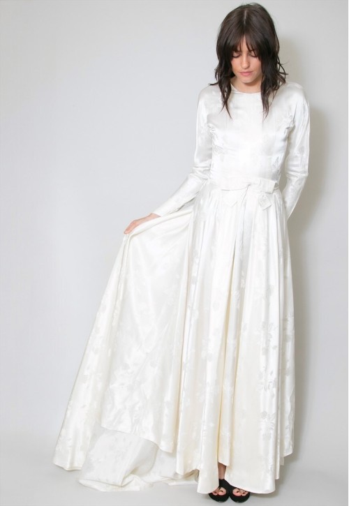 1920's Vintage White Satin Floral Wedding Maxi Dress Train
