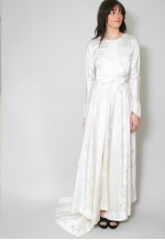 1920's Vintage White Satin Floral Wedding Maxi Dress Train