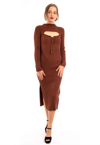 Lightweight Lace up and cut out design Metallic midi bodycon dress
