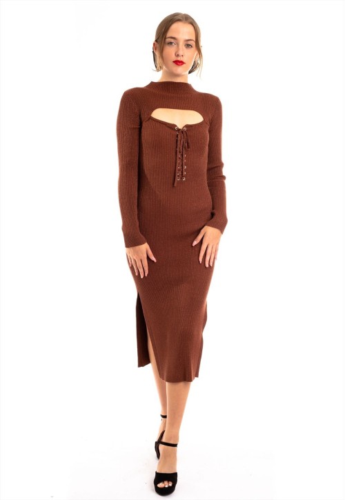 Lightweight Lace up and cut out design Metallic midi bodycon dress