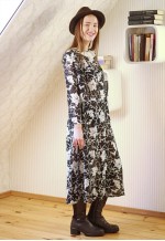 Black and white leaves belted white collar dress