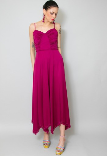 70's Vintage Pink Evening Hankerchief Hem Slip Midi Dress