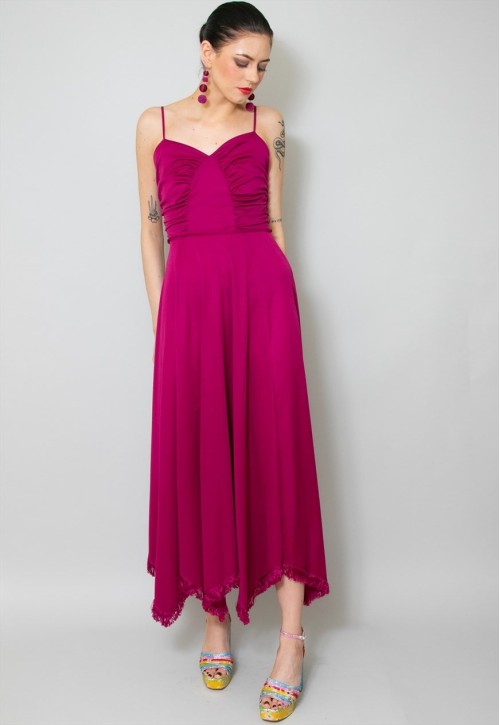 70's Vintage Pink Evening Hankerchief Hem Slip Midi Dress