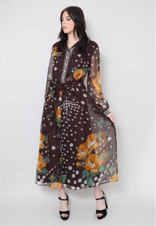 70's Vintage Floral Sheer Brown Yellow Midi Dress