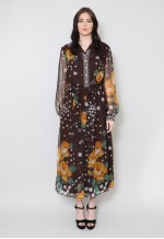 70's Vintage Floral Sheer Brown Yellow Midi Dress