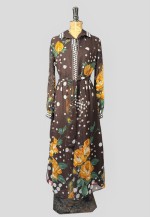 70's Vintage Floral Sheer Brown Yellow Midi Dress