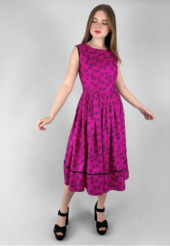 50's Vintage Sleeveless Pink Black Velvet Midi Dress