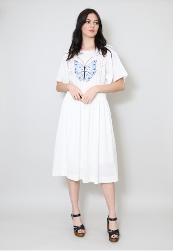 70's White Vintage Ladies Dress Cotton Butterly Embroidery