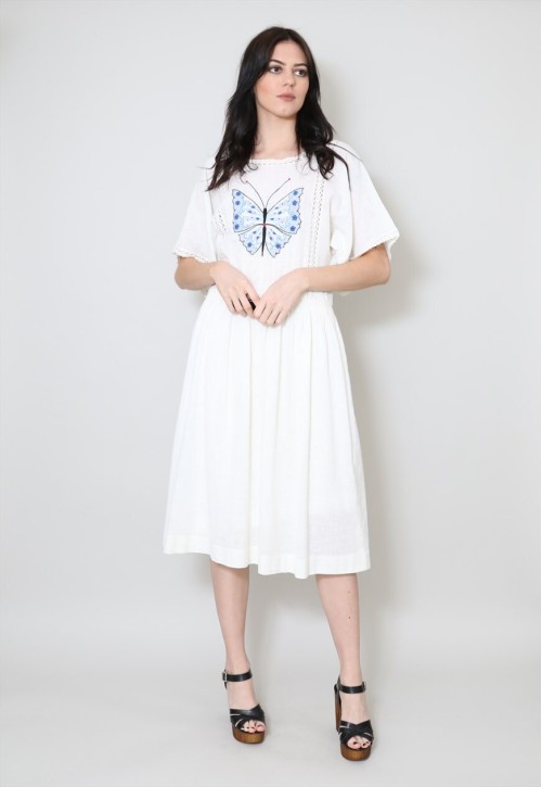 70's White Vintage Ladies Dress Cotton Butterly Embroidery