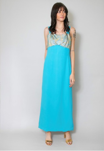 60's Vintage Sleeveless Evening Gold Brocade Maxi Dress