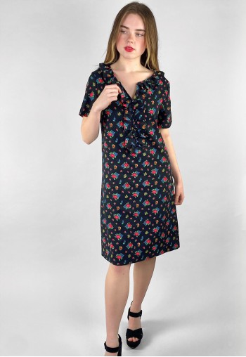 70's Vintage Short Sleeve Black Floral Ruffle Neckline Dress
