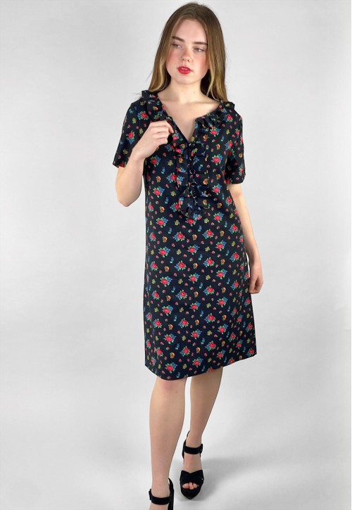 70's Vintage Short Sleeve Black Floral Ruffle Neckline Dress