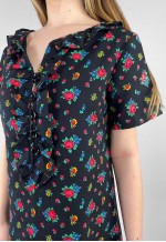 70's Vintage Short Sleeve Black Floral Ruffle Neckline Dress
