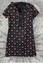 70's Vintage Short Sleeve Black Floral Ruffle Neckline Dress