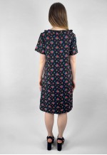 70's Vintage Short Sleeve Black Floral Ruffle Neckline Dress