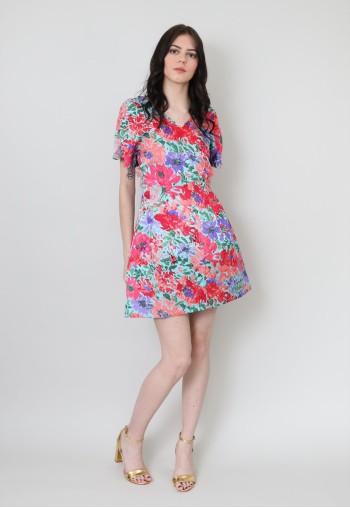 80's Ladies Vintage Floral Green Pink Cocktail Dress Mini