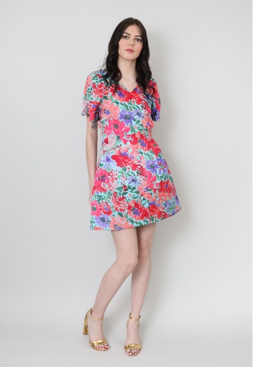 80's Ladies Vintage Floral Green Pink Cocktail Dress Mini