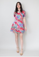 80's Ladies Vintage Floral Green Pink Cocktail Dress Mini