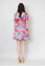 80's Ladies Vintage Floral Green Pink Cocktail Dress Mini