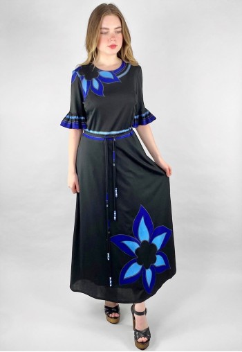 Louis Feraud Paris 70's Black Blue Midi Dress Floral Print