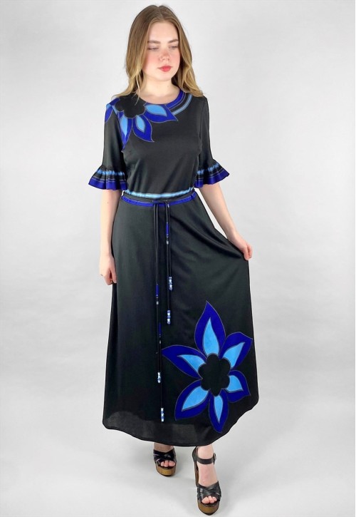 Louis Feraud Paris 70's Black Blue Midi Dress Floral Print