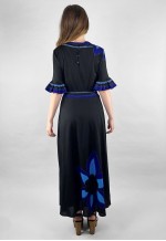 Louis Feraud Paris 70's Black Blue Midi Dress Floral Print