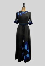 Louis Feraud Paris 70's Black Blue Midi Dress Floral Print