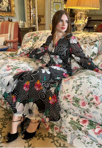 70's Vintage White Black Retro Floral Bell Sleeve Maxi Dress