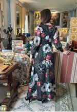 70's Vintage White Black Retro Floral Bell Sleeve Maxi Dress