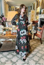 70's Vintage White Black Retro Floral Bell Sleeve Maxi Dress