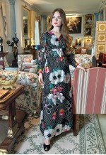 70's Vintage White Black Retro Floral Bell Sleeve Maxi Dress