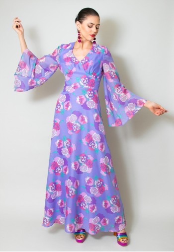 Vera Mont 70's Vintage Purple Floral Wide Sleeve Maxi Dress