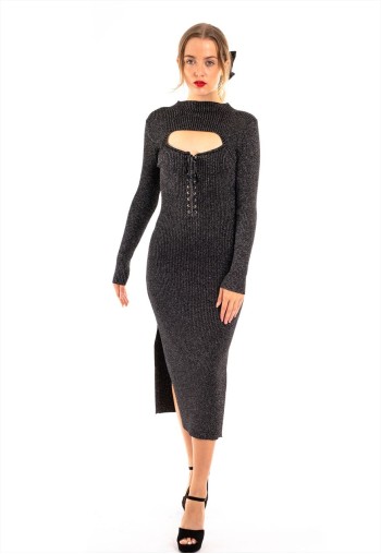 Lace up and cut out design Metallic midi bodycon dress