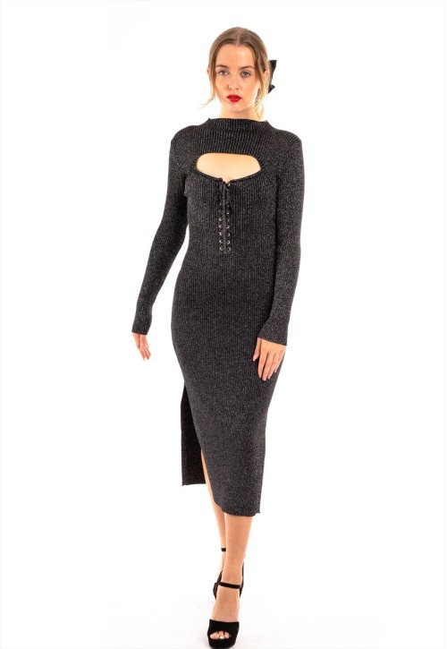 Lace up and cut out design Metallic midi bodycon dress