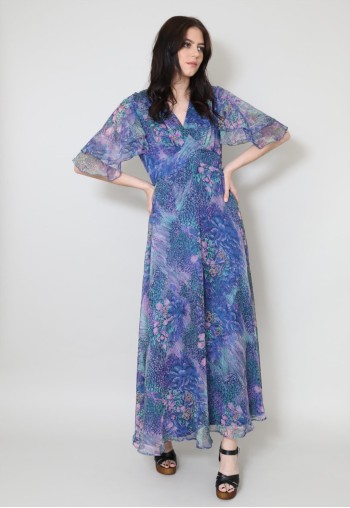 70's Vintage Ladies Dress Blue Pink Floral Sheer Maxi