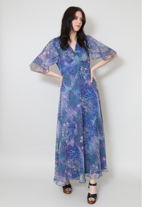 70's Vintage Ladies Dress Blue Pink Floral Sheer Maxi