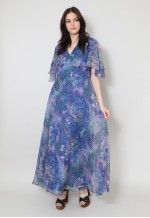 70's Vintage Ladies Dress Blue Pink Floral Sheer Maxi