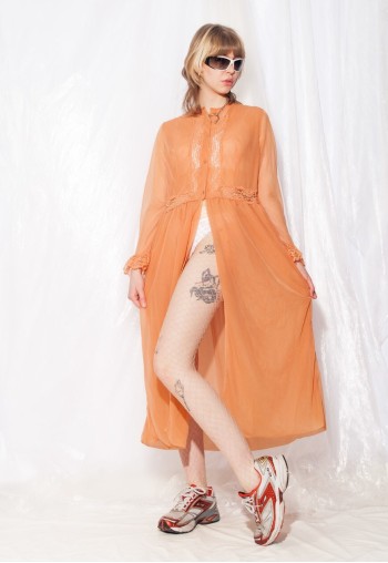 Vintage Slip Dress 70s Sheer Nightgown Robe in Orange