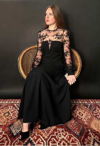 Yvette of Paris Black Sheer Lace Long Sleeve Midi Dress