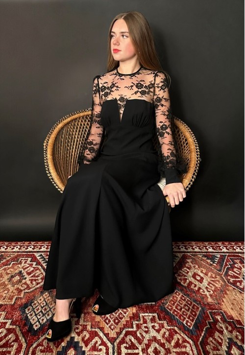 Yvette of Paris Black Sheer Lace Long Sleeve Midi Dress
