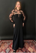 Yvette of Paris Black Sheer Lace Long Sleeve Midi Dress