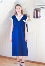 Dark blue sleeveless vintage dress with white trimmings